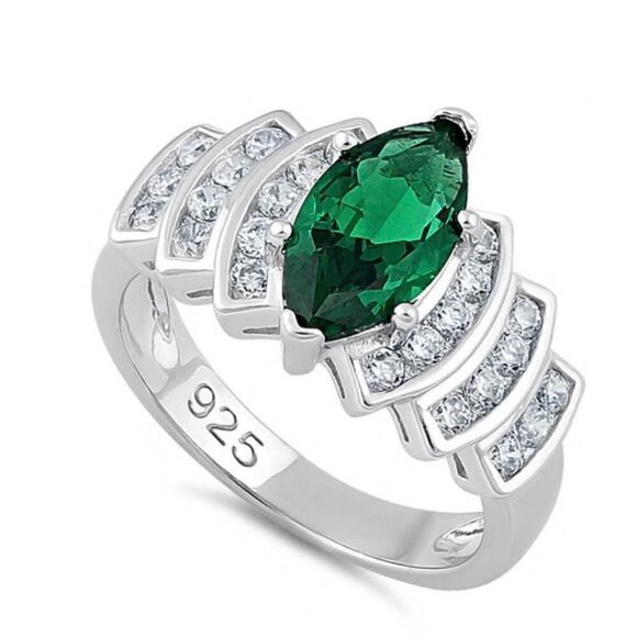 Sterling Silver Marquise Cut Emerald CZ Ring New - Picture 1 of 3